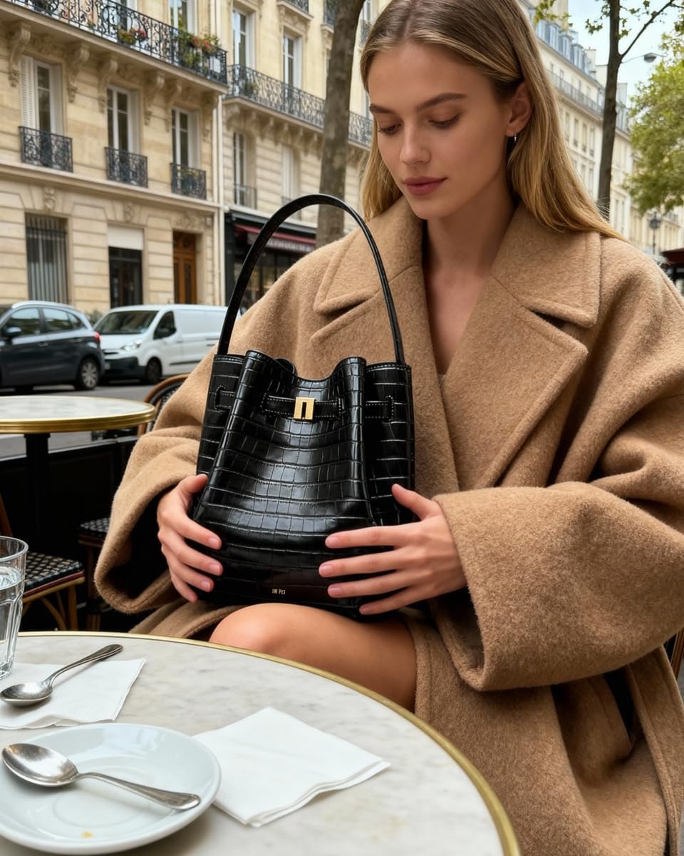 image:imageJW PEI Womens Clara Lock Accent Bucket Shoulder BagBlack Croc